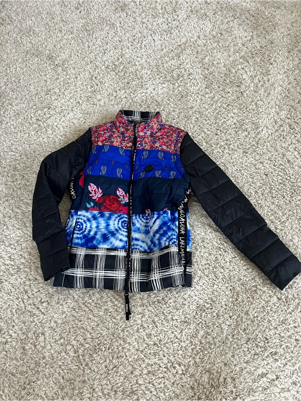 Desigual Mixed-Pattern Quilted Jacket in Black, Blue, Red, Pink